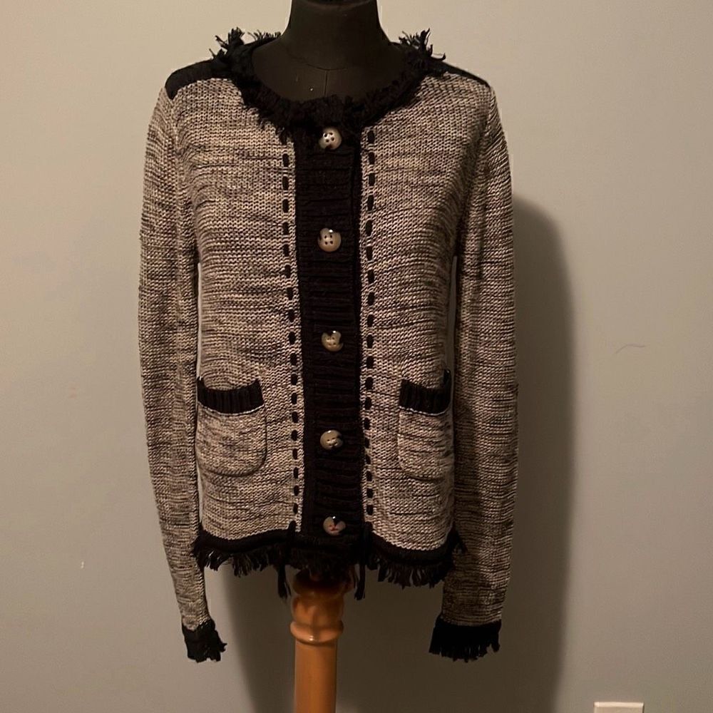 Label + Thread Women's Gray Button Front Knit Fringe Cardigan Sweater